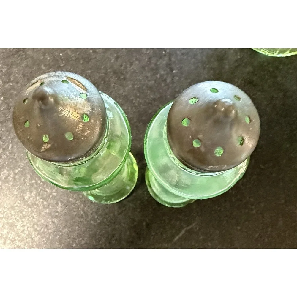 Vintage Uranium Vaseline Glass Kitchen Set Shakers Syrup Pitcher 6 Pc